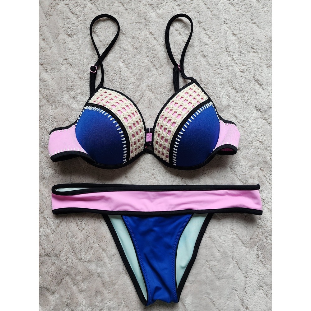 Victoria's Secret Y2K Surf Crochet Bikini Set Blue Pink 34B Small Itsy Bottoms